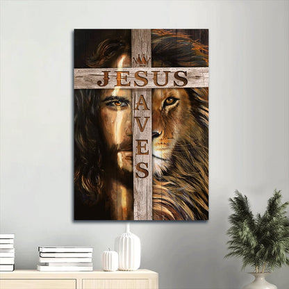 Jesus Saves Jesus And Lion Of Judah Painting Wooden Cross Christian Gift Canvas Wall Art - Christian Gift