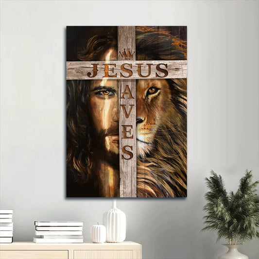 Jesus Saves Jesus And Lion Of Judah Painting Wooden Cross Christian Gift Canvas Wall Art - Christian Gift