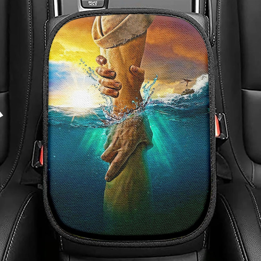 Jesus Saves Peter From Drowning Seat Box Cover, Jesus Car Center Console Cover, Christian Car Interior Accessories