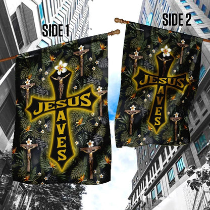 Jesus Saves Tropical Floral Pattern House Flag - Christian Garden Flags - Christian Flag - Religious Flags