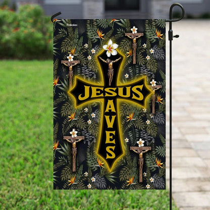 Jesus Saves Tropical Floral Pattern House Flag - Christian Garden Flags - Christian Flag - Religious Flags