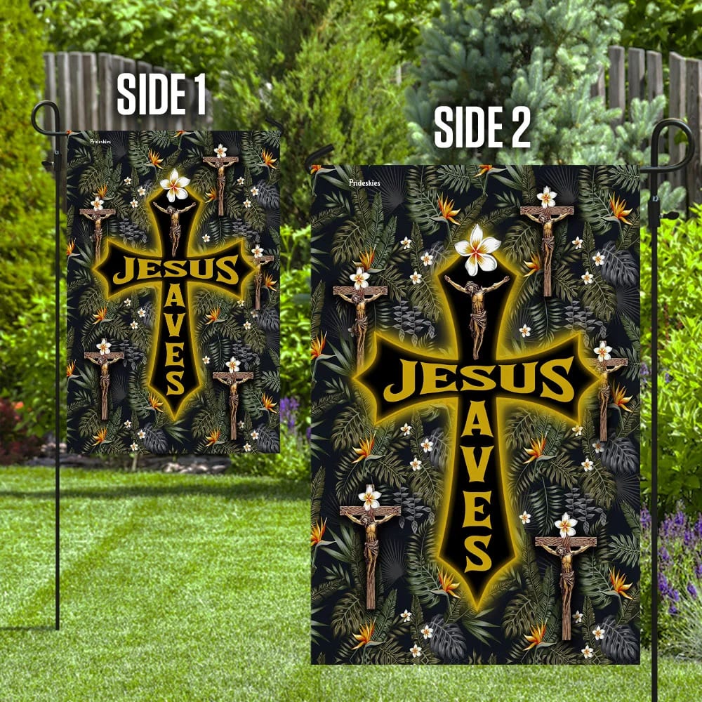 Jesus Saves Tropical Floral Pattern House Flag - Christian Garden Flags - Christian Flag - Religious Flags