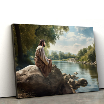 Jesus Sits On A Rock By The River - Canvas Picture - Jesus Christ Canvas - Christian Wall Art