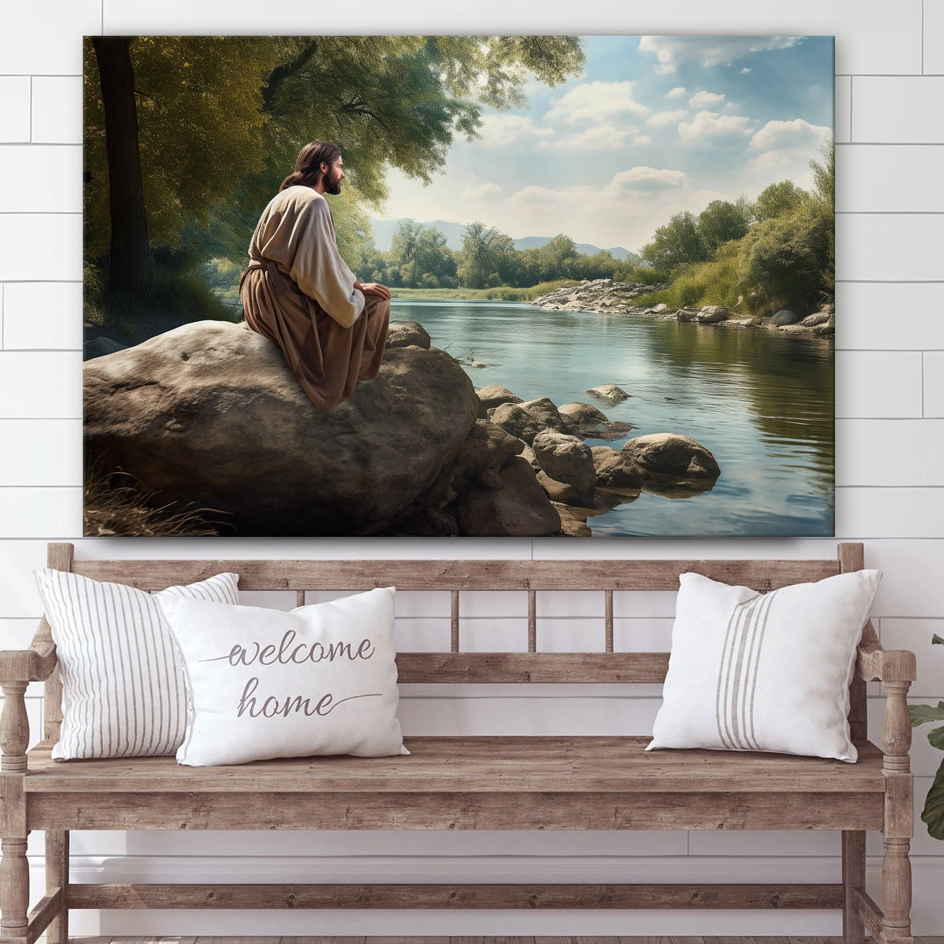 Jesus Sits On A Rock By The River - Canvas Picture - Jesus Christ Canvas - Christian Wall Art