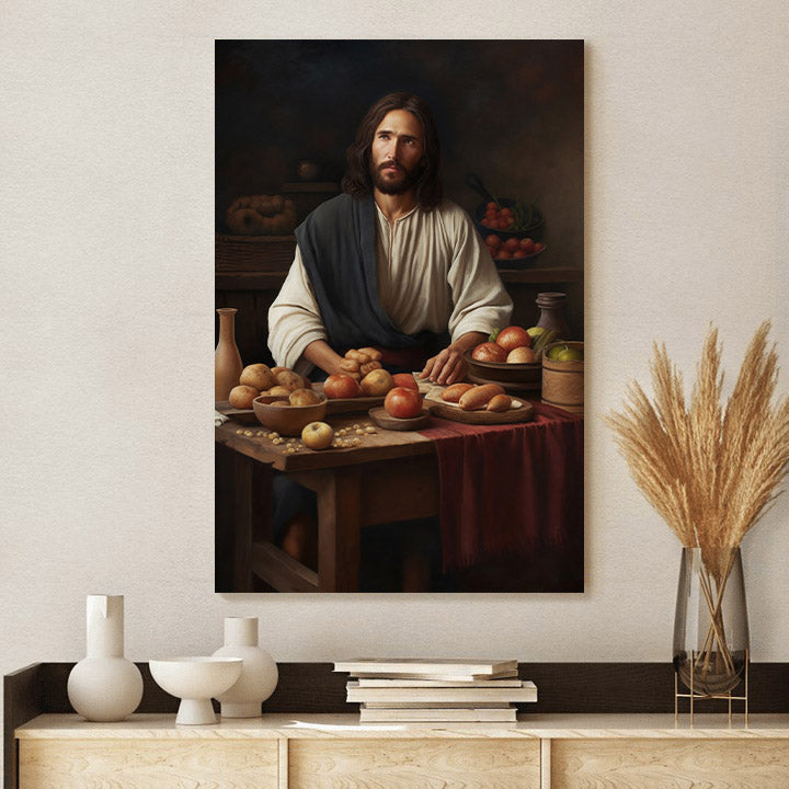 Jesus Sitting At A Table With Bread And Fruit - Canvas Picture - Jesus Christ Canvas - Christian Wall Art