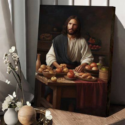 Jesus Sitting At A Table With Bread And Fruit - Canvas Picture - Jesus Christ Canvas - Christian Wall Art
