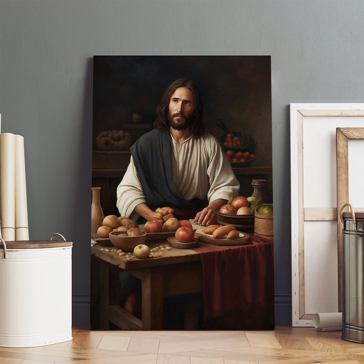 Jesus Sitting At A Table With Bread And Fruit - Canvas Picture - Jesus Christ Canvas - Christian Wall Art