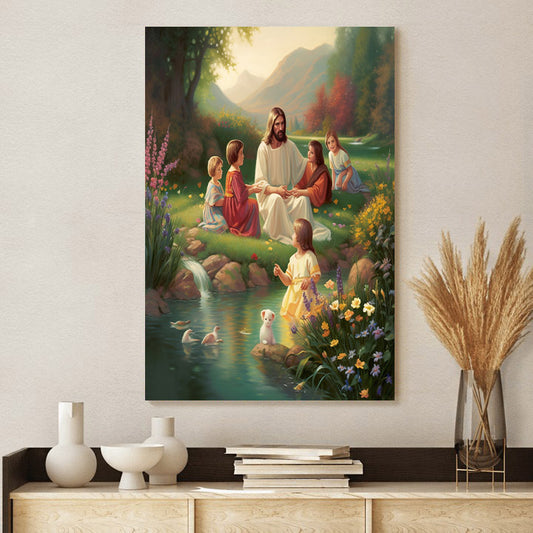 Jesus Sitting Beside A Stream - Conversing With Children - Jesus Canvas Pictures - Christian Wall Art