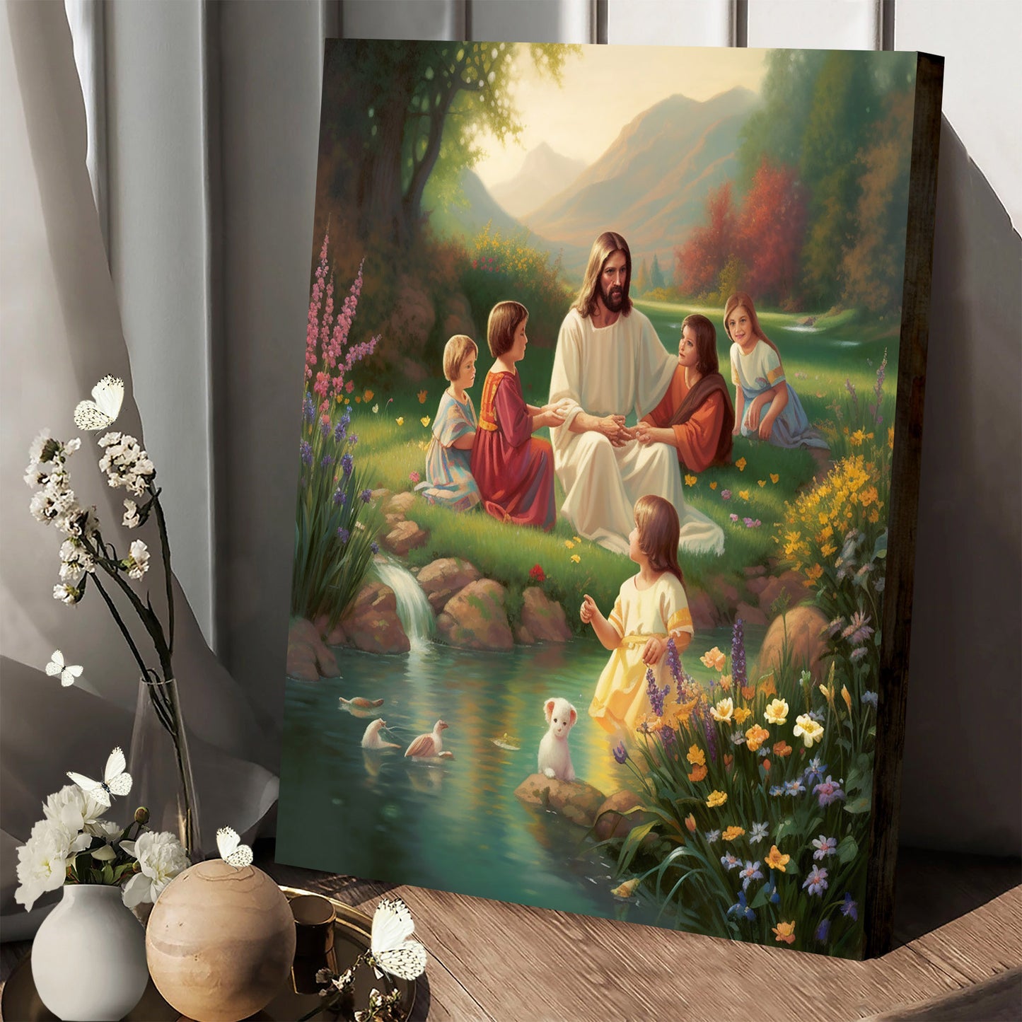 Jesus Sitting Beside A Stream - Conversing With Children - Jesus Canvas Pictures - Christian Wall Art
