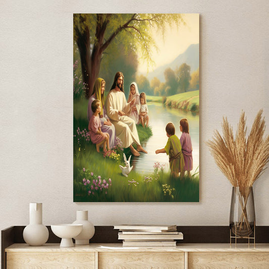 Jesus Sitting Beside A Stream - Conversing With Children 1 - Jesus Canvas Pictures - Christian Wall Art