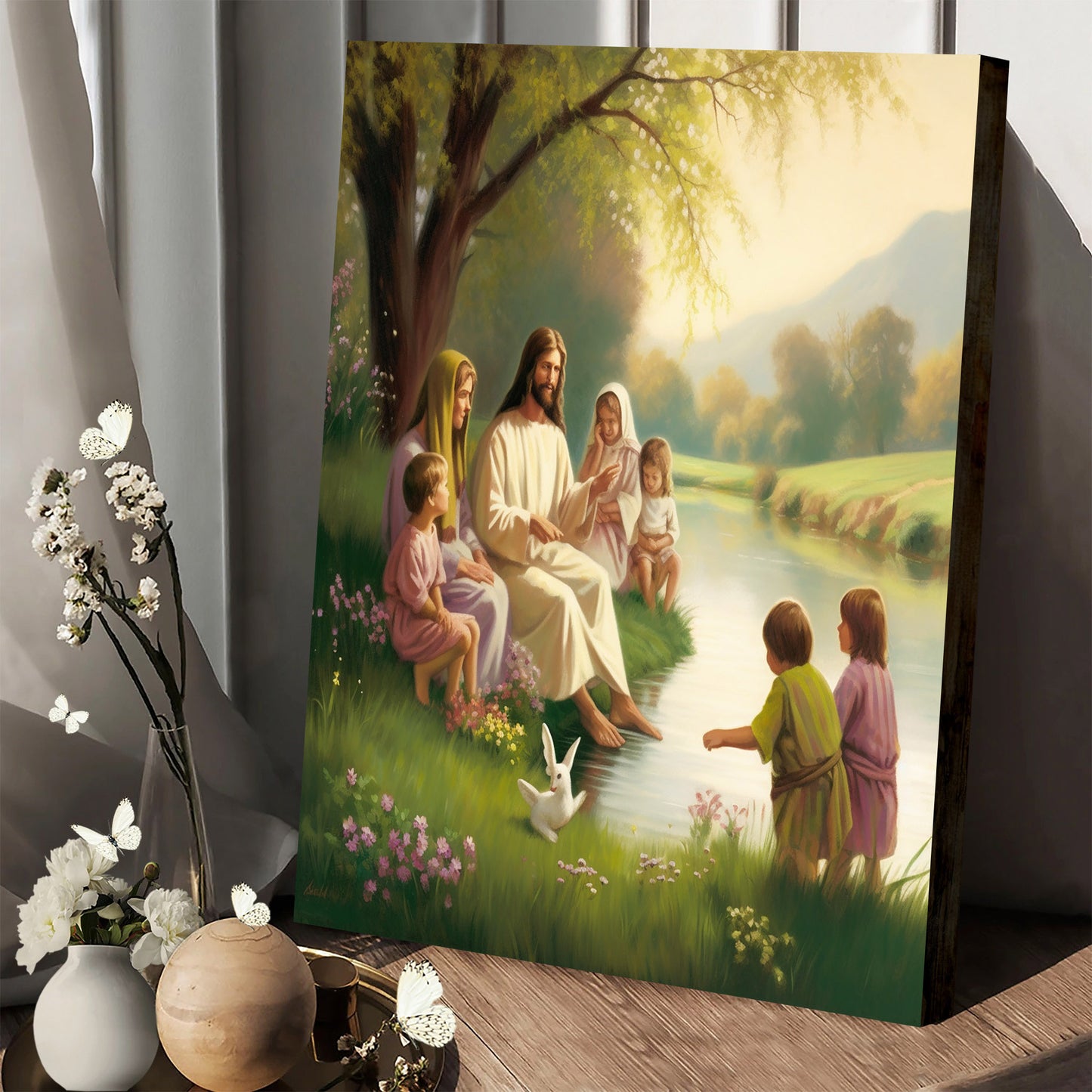Jesus Sitting Beside A Stream - Conversing With Children 1 - Jesus Canvas Pictures - Christian Wall Art