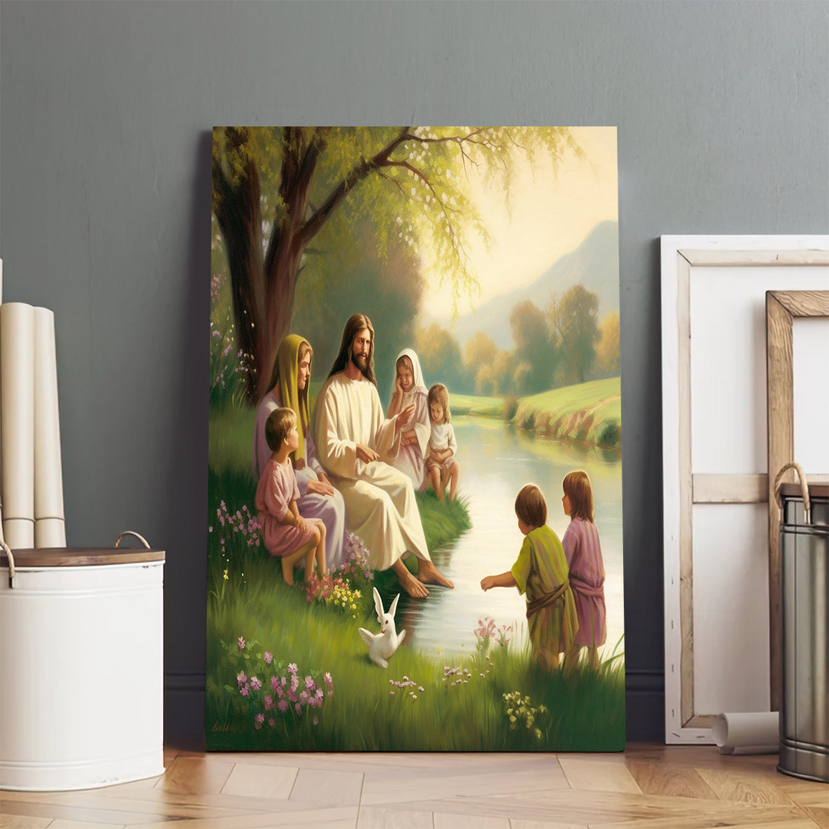 Jesus Sitting Beside A Stream - Conversing With Children 1 - Jesus Canvas Pictures - Christian Wall Art