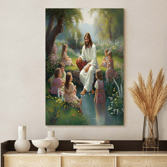 Jesus Sitting Beside A Stream - Conversing With Children 2 - Jesus Canvas Pictures - Christian Wall Art