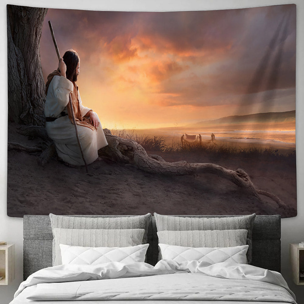 Jesus Sitting On A Tree Looking Towards Fishermen Tapestry - Fisher of Men Tapestry - Christian Wall Tapestry