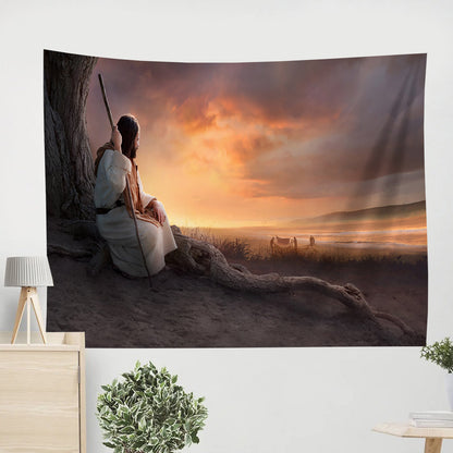 Jesus Sitting On A Tree Looking Towards Fishermen Tapestry - Fisher of Men Tapestry - Christian Wall Tapestry