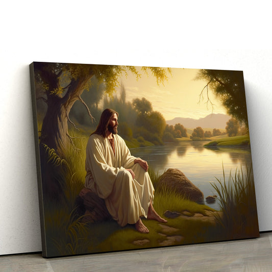 Jesus Sitting On Grass Next To A River - Canvas Picture - Jesus Christ Canvas - Christian Wall Art