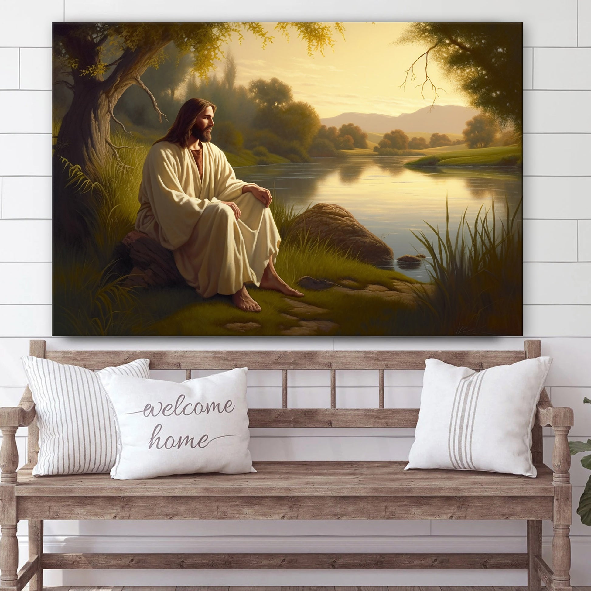 Jesus Sitting On Grass Next To A River - Canvas Picture - Jesus Christ Canvas - Christian Wall Art