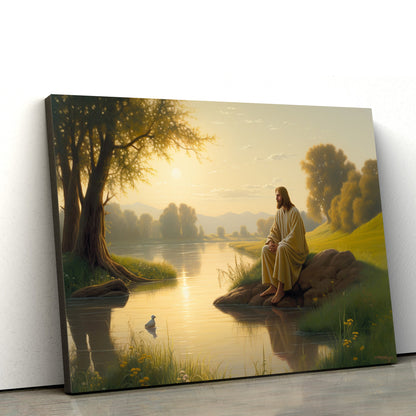Jesus Sitting On Grass Next To A River 1 - Canvas Picture - Jesus Christ Canvas - Christian Wall Art