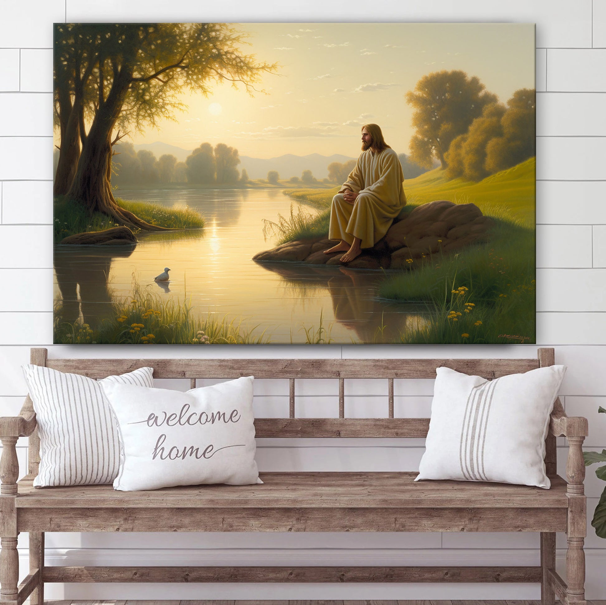 Jesus Sitting On Grass Next To A River 1 - Canvas Picture - Jesus Christ Canvas - Christian Wall Art