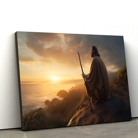 Jesus Sitting On It With His Walking Stick And Seeing The Sunset - Canvas Picture - Jesus Christ Canvas - Christian Wall Art