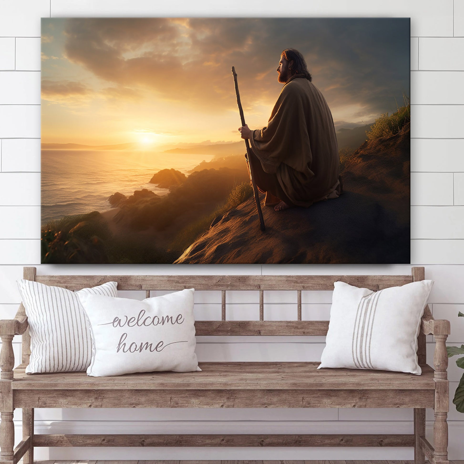 Jesus Sitting On It With His Walking Stick And Seeing The Sunset - Canvas Picture - Jesus Christ Canvas - Christian Wall Art
