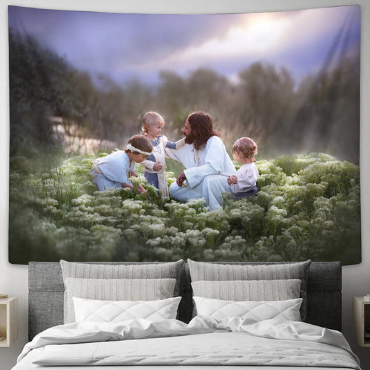 Jesus Sitting With Children Tapestry - Salt of the Earth Tapestry Christian - Jesus Pictures - Christian Wall Tapestry