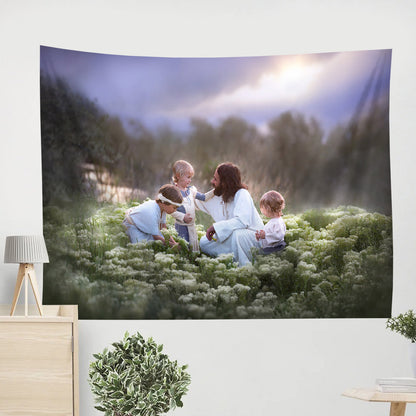 Jesus Sitting With Children Tapestry - Salt of the Earth Tapestry Christian - Jesus Pictures - Christian Wall Tapestry