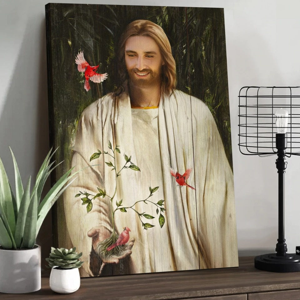 Jesus Smile Growing Plant Red Cardinals Canvas Wall Art - Christian Wall Posters - Religious Wall Decor