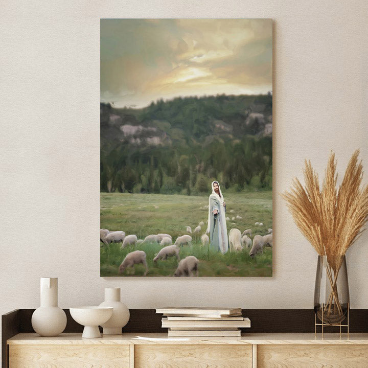 Jesus Standing A Mid A Flock Of Sheep Reaching Out A Hand Canvas Pictures - Jesus Christ Art - Christian Canvas Wall Art