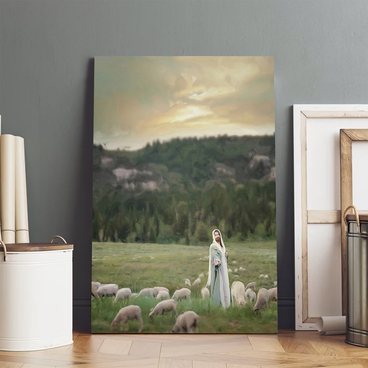 Jesus Standing A Mid A Flock Of Sheep Reaching Out A Hand Canvas Pictures - Jesus Christ Art - Christian Canvas Wall Art