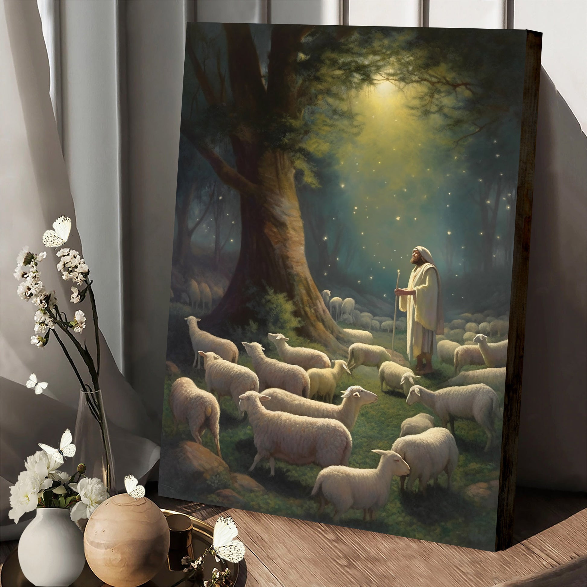 Jesus Standing Amidst A Flock Of Sheep In The Garden Of Gethsemane - Jesus Canvas Pictures - Christian Wall Art