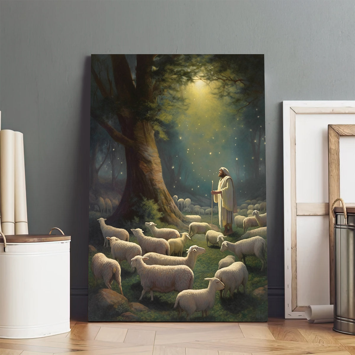 Jesus Standing Amidst A Flock Of Sheep In The Garden Of Gethsemane - Jesus Canvas Pictures - Christian Wall Art