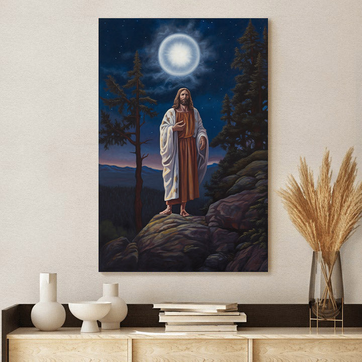 Jesus Standing Atop A Hill Admiring The Full Moon - Jesus Canvas Pictures - Christian Wall Art