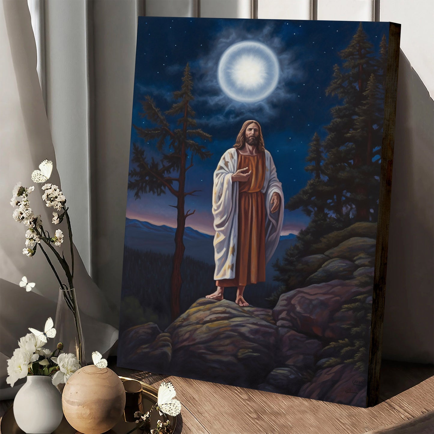 Jesus Standing Atop A Hill Admiring The Full Moon - Jesus Canvas Pictures - Christian Wall Art
