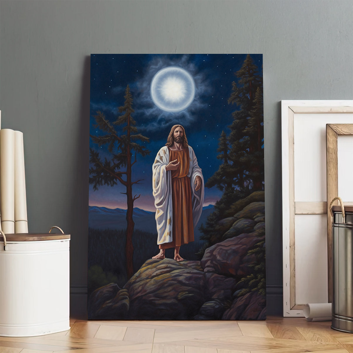 Jesus Standing Atop A Hill Admiring The Full Moon - Jesus Canvas Pictures - Christian Wall Art