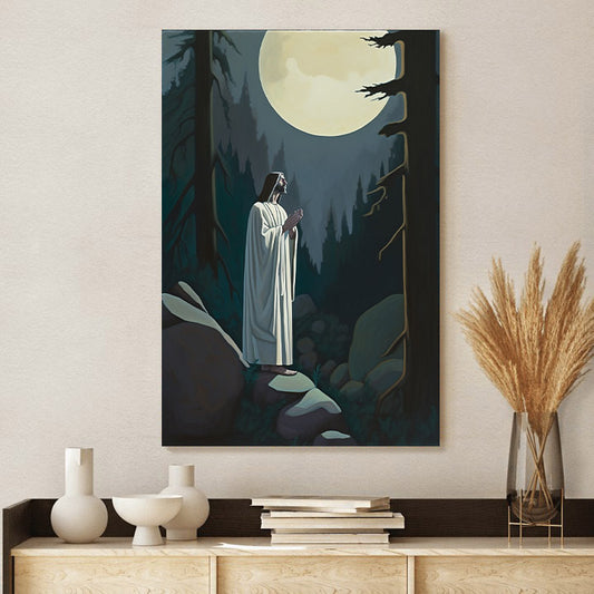 Jesus Standing Atop A Hill Admiring The Full Moon Shining Bright In The Night Sky - Jesus Canvas Pictures - Christian Wall Art