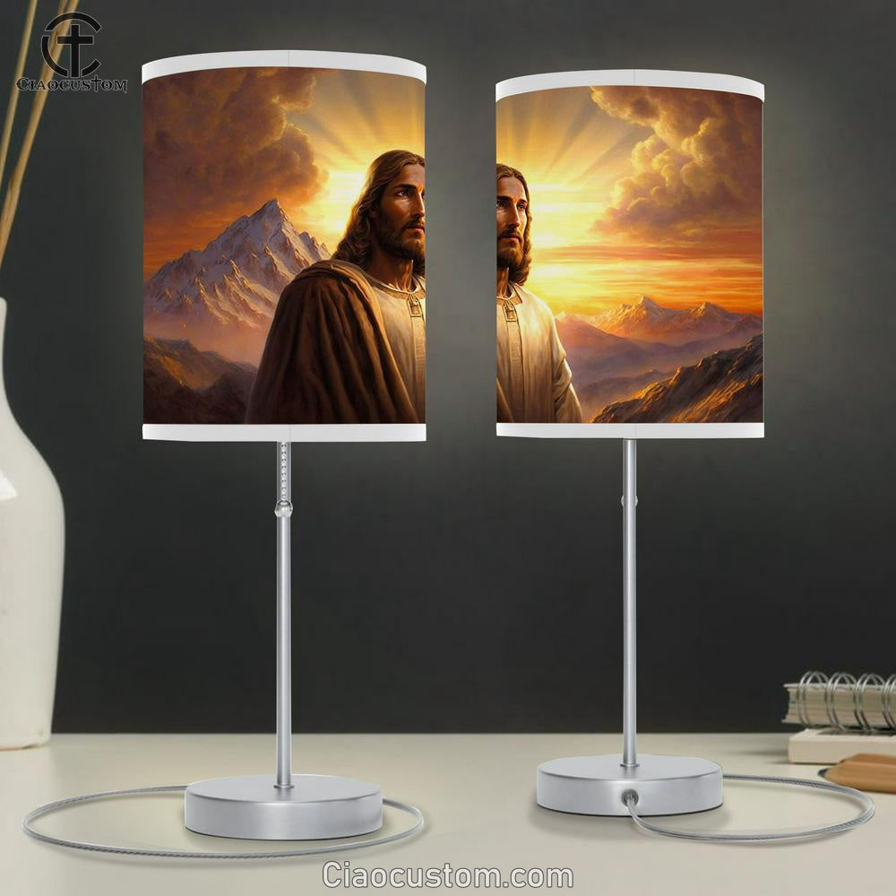 Jesus Standing Front Mountain With Sun Shining Him Table Lamp Pictures - Faith Art - Christian Table Lamp For Bedroom Decor