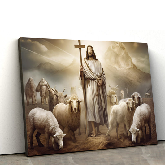 Jesus Standing In Front Of A Cross With Sheep And Lions - Canvas Picture - Jesus Christ Canvas - Christian Wall Art