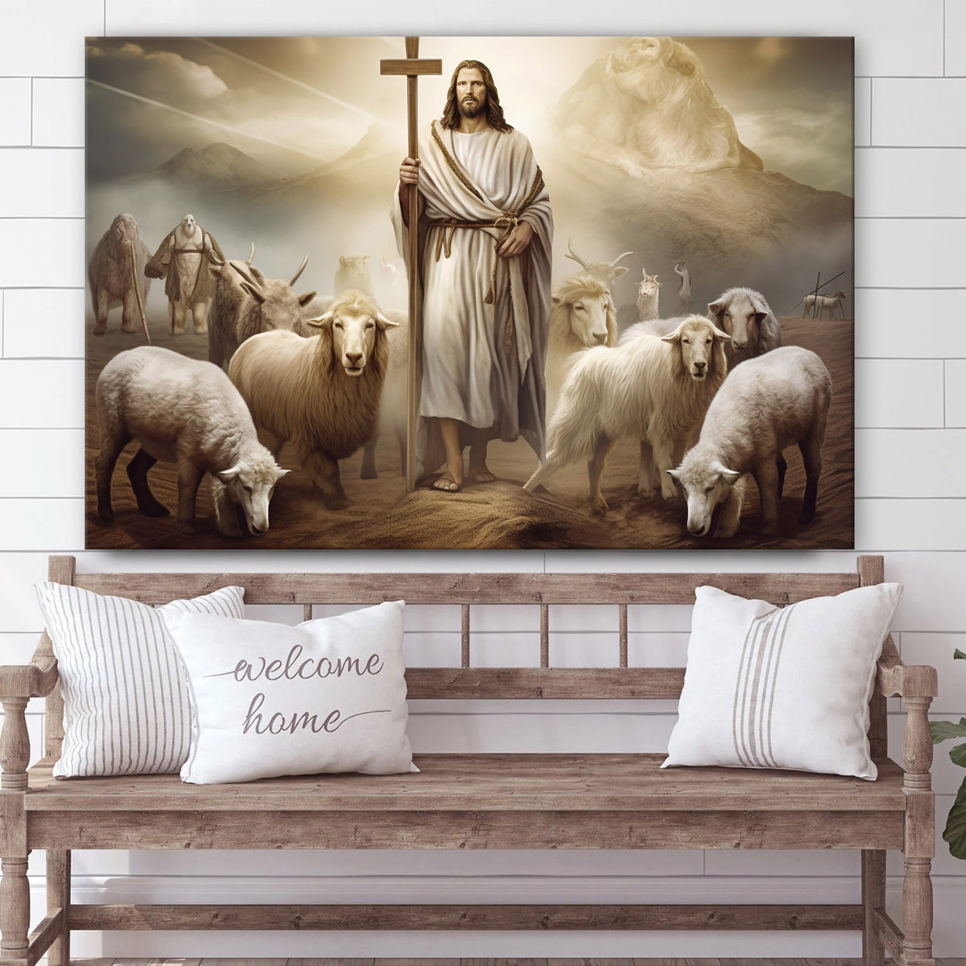 Jesus Standing In Front Of A Cross With Sheep And Lions - Canvas Picture - Jesus Christ Canvas - Christian Wall Art