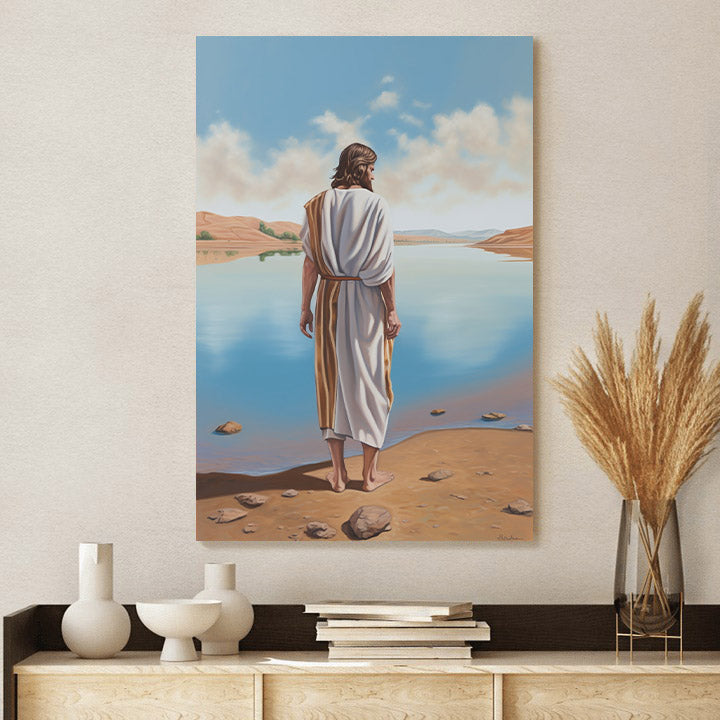 Jesus Standing In Front Of A Sandy Lake - Canvas Picture - Jesus Christ Canvas - Christian Wall Art