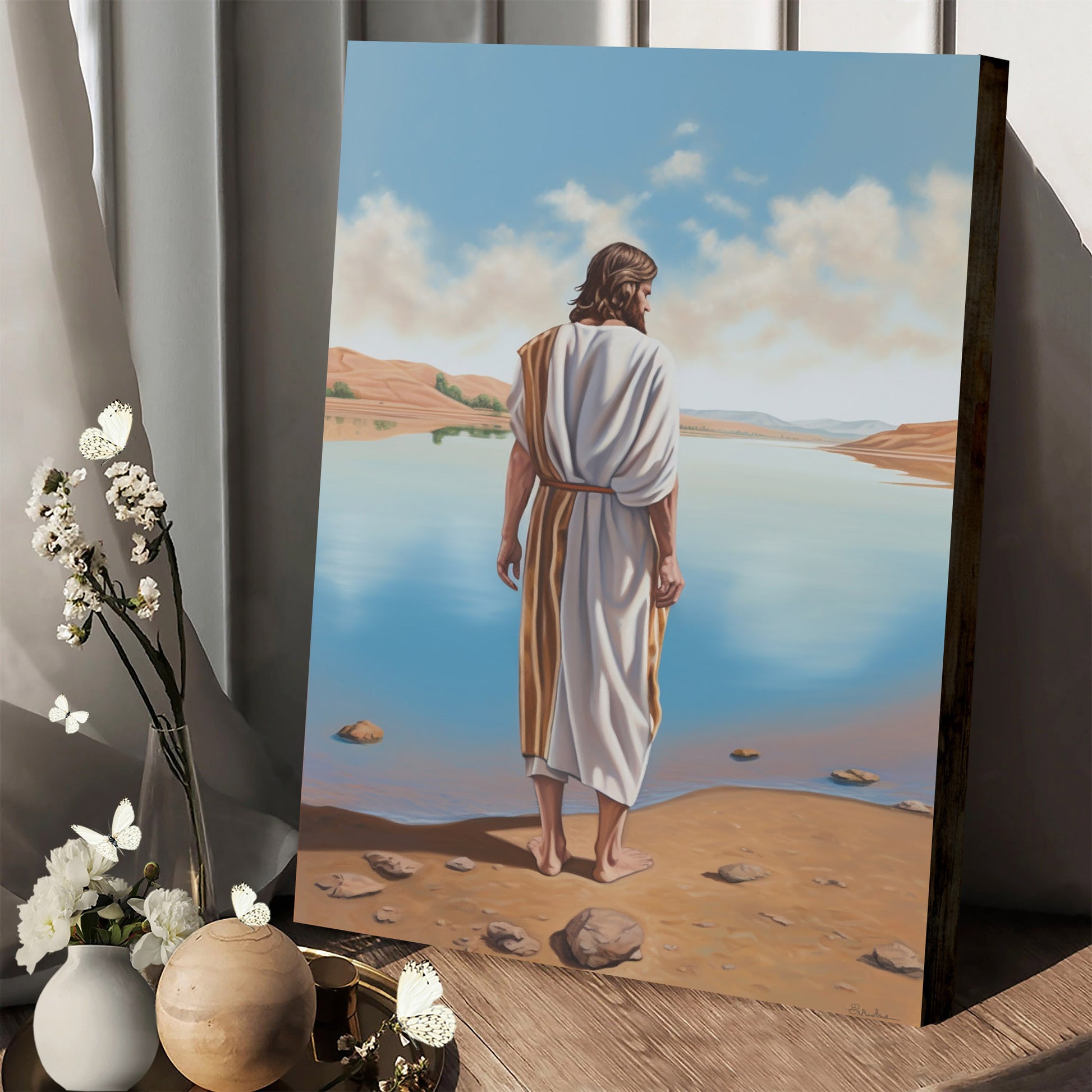 Jesus Standing In Front Of A Sandy Lake - Canvas Pictures - Jesus Christ Canvas - Christian Wall Art