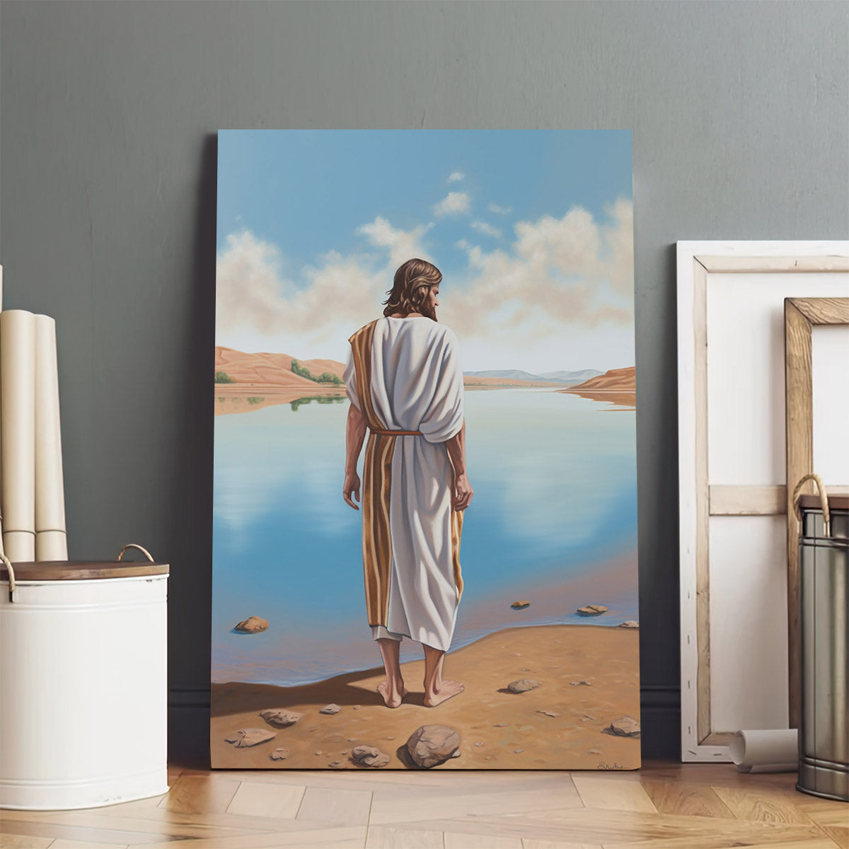 Jesus Standing In Front Of A Sandy Lake - Canvas Pictures - Jesus Christ Canvas - Christian Wall Art