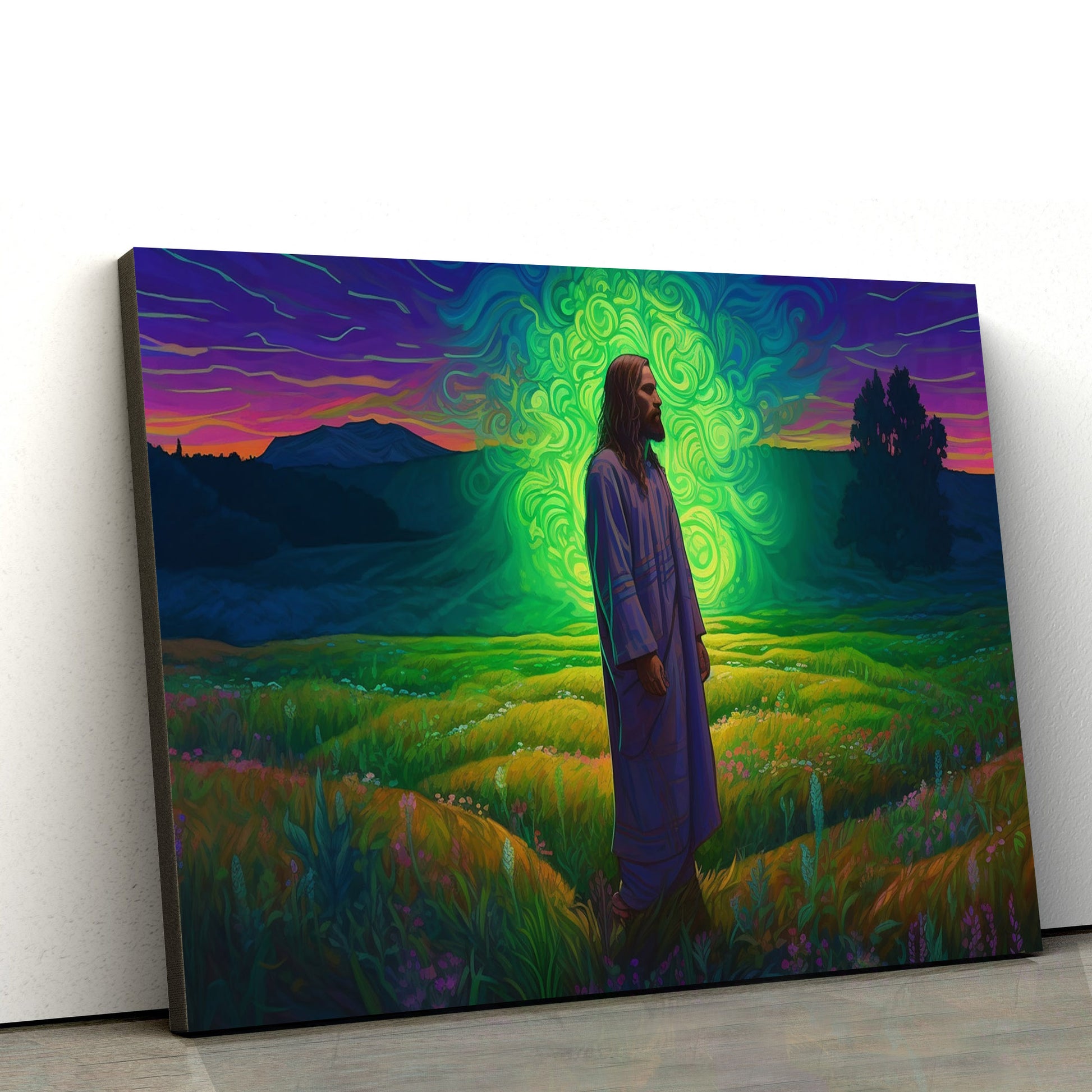 Jesus Standing In The Bright Grass At Night 1 - Canvas Picture - Jesus Christ Canvas - Christian Wall Art