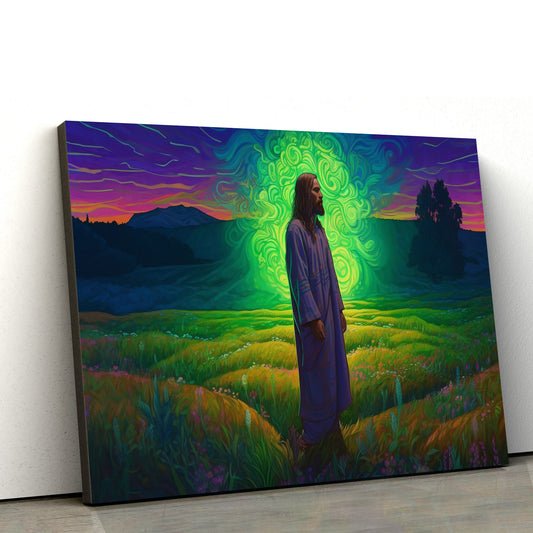 Jesus Standing In The Bright Grass At Night 1 - Canvas Picture - Jesus Christ Canvas - Christian Wall Art