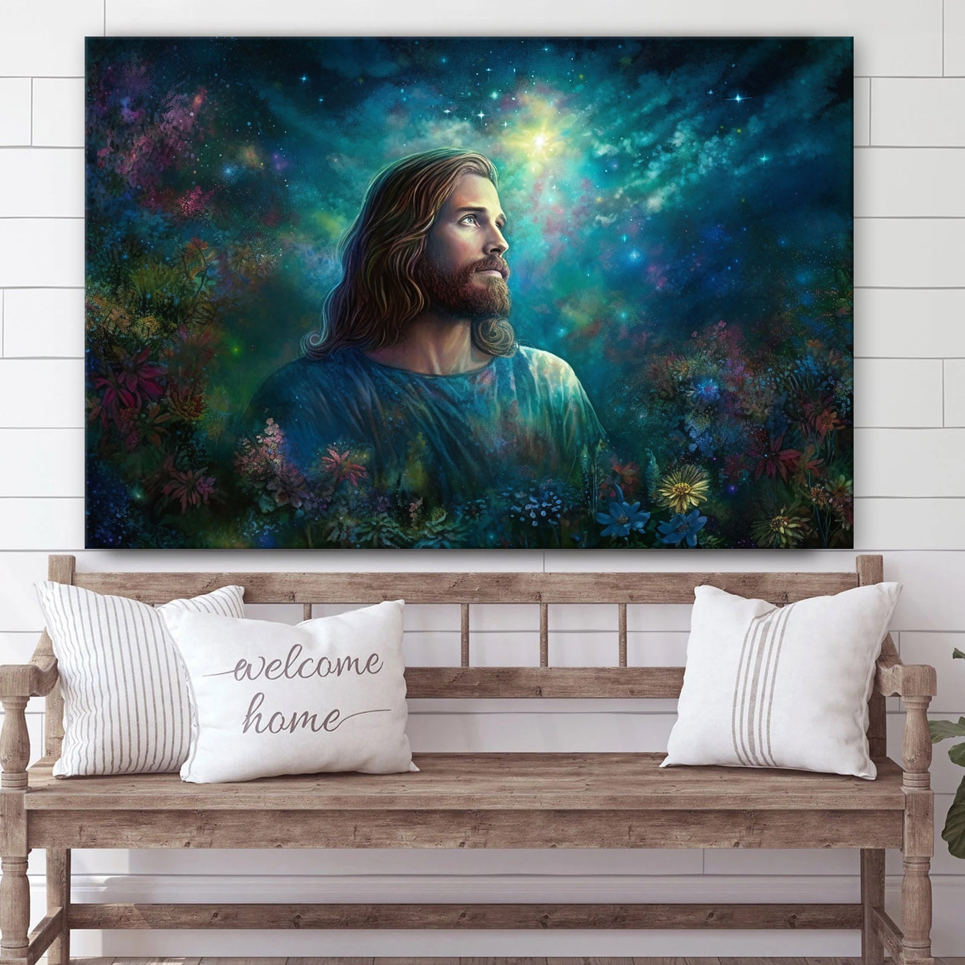 Jesus Standing In The Night Sky Watching A Garden Of Stars - Canvas Picture - Jesus Christ Canvas - Christian Wall Art
