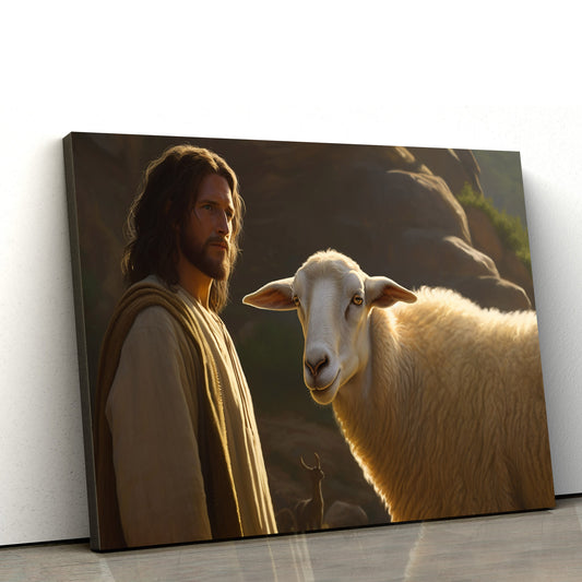 Jesus Standing Next To A Sheep - Canvas Picture - Jesus Christ Canvas - Christian Wall Art