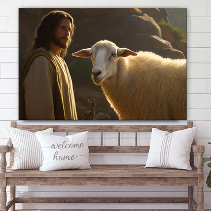Jesus Standing Next To A Sheep - Canvas Picture - Jesus Christ Canvas - Christian Wall Art