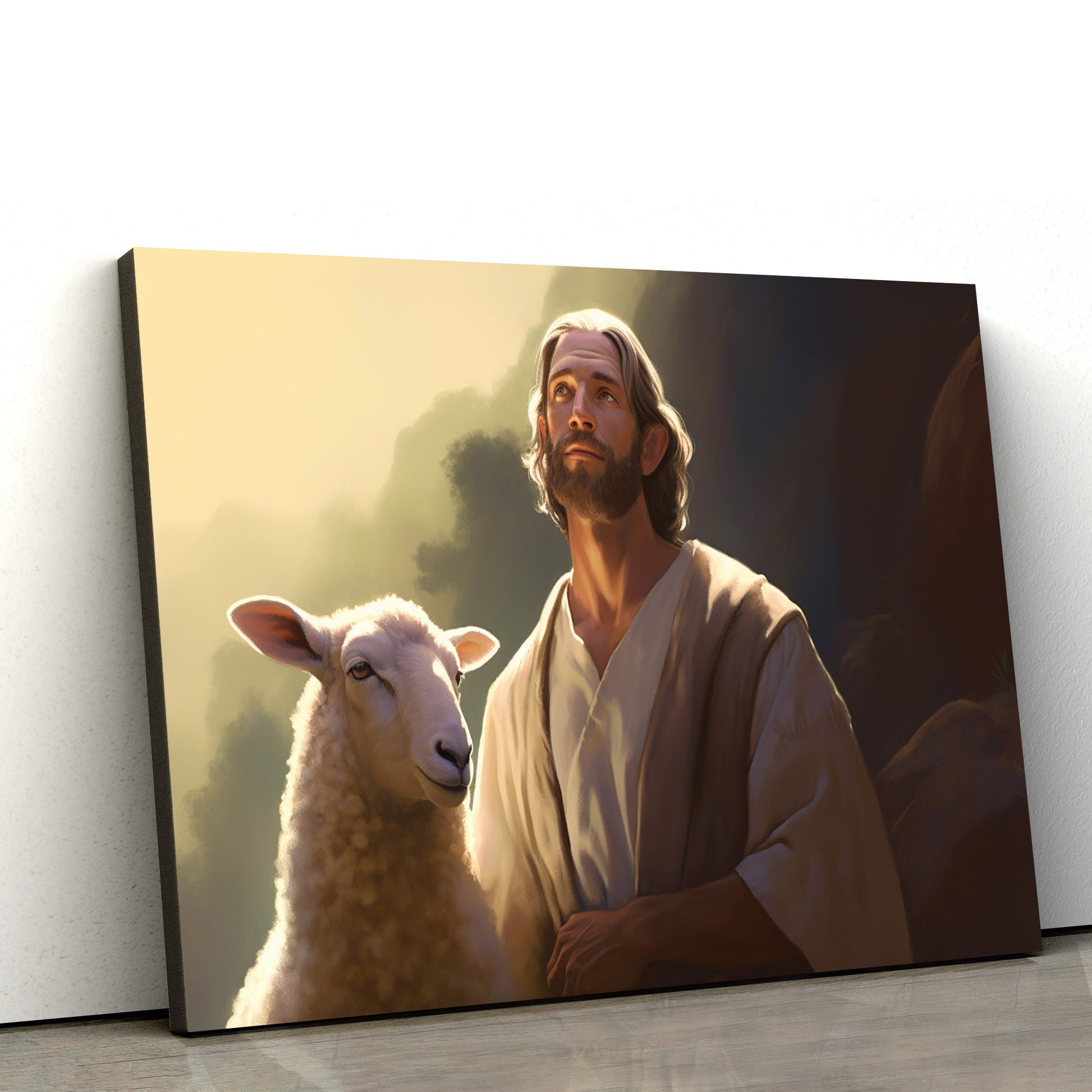 Jesus Standing Next To A Sheep 1 - Canvas Picture - Jesus Christ Canvas - Christian Wall Art
