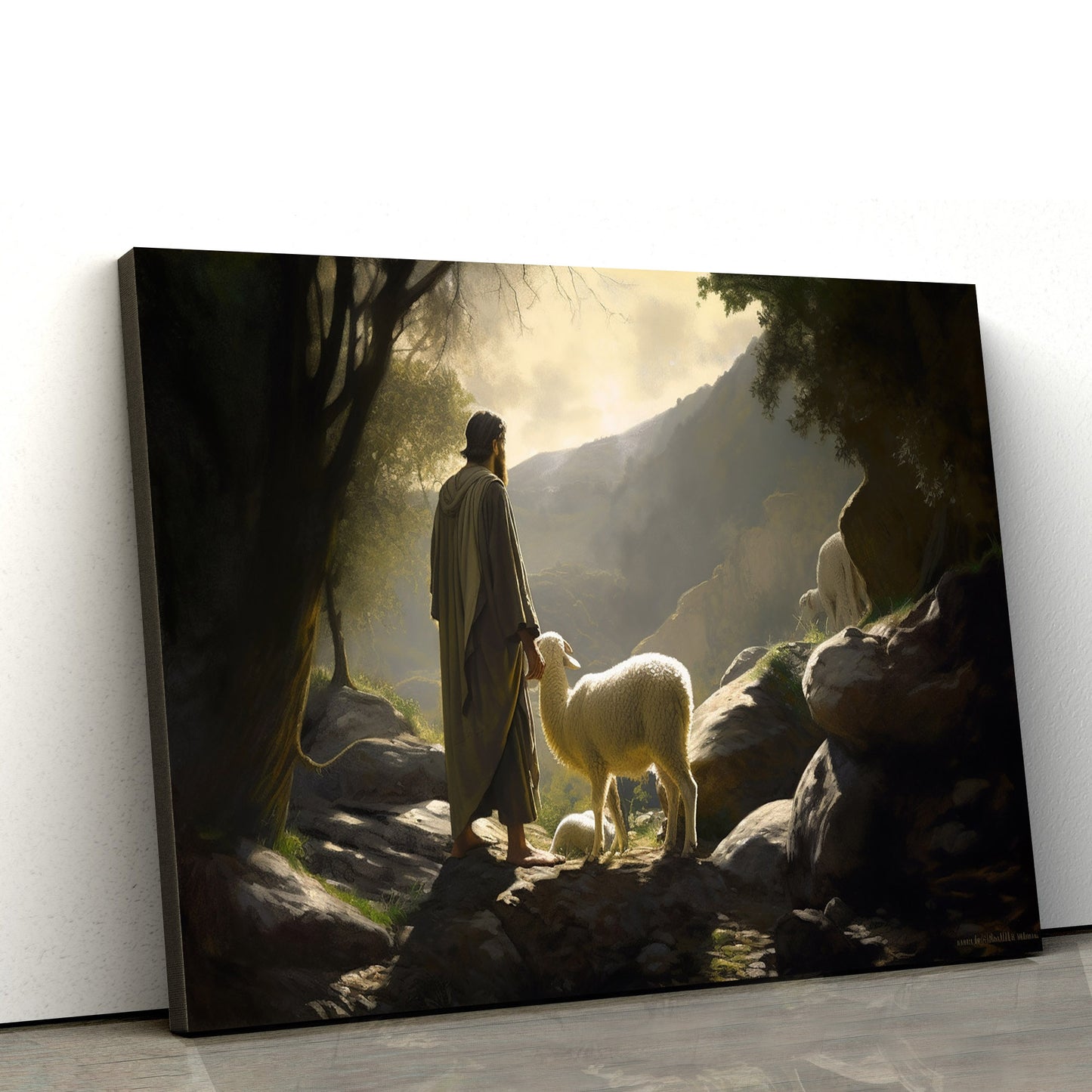 Jesus Standing With A Sheep In A Valley - Canvas Picture - Jesus Christ Canvas - Christian Wall Art
