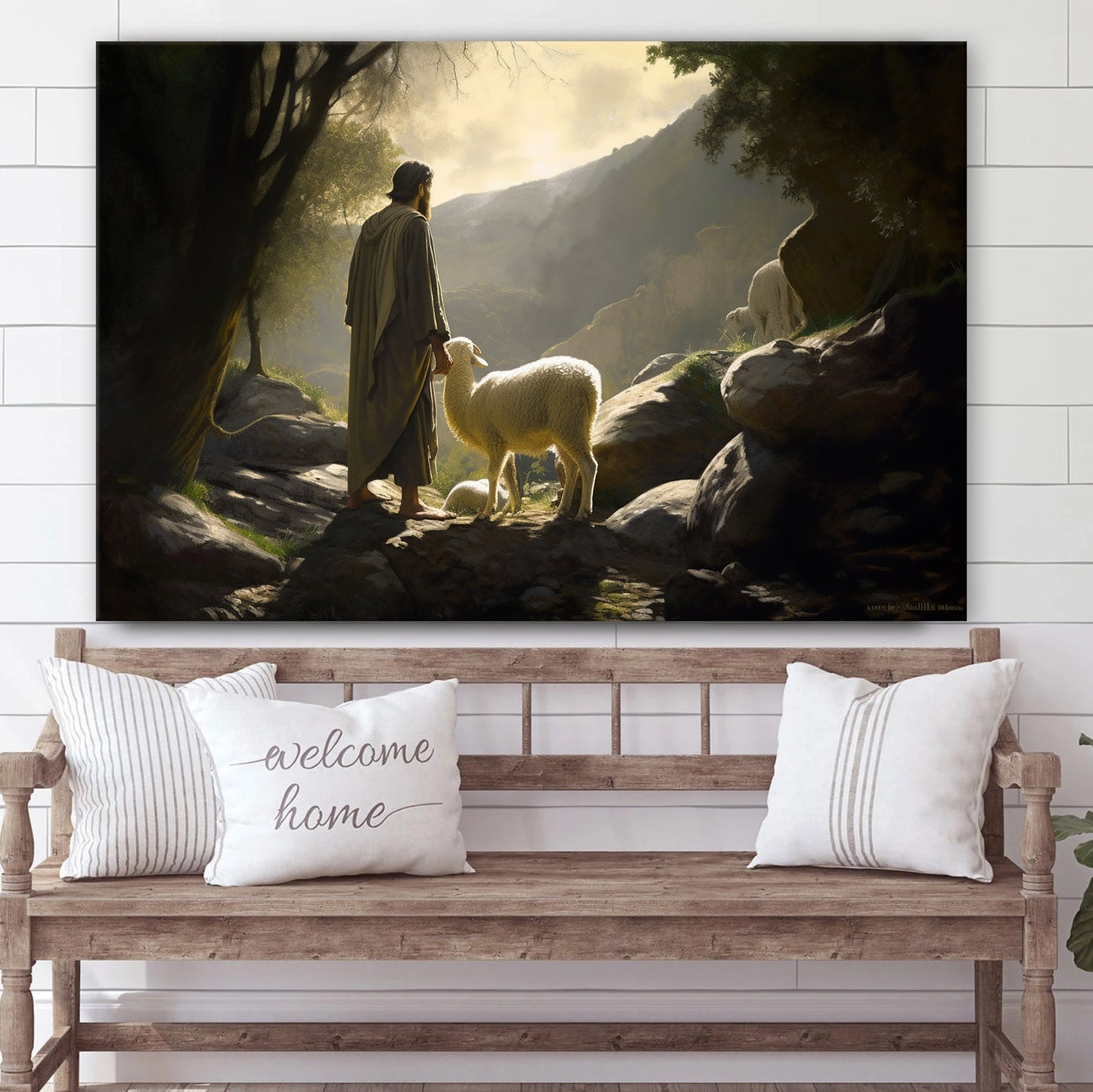 Jesus Standing With A Sheep In A Valley - Canvas Picture - Jesus Christ Canvas - Christian Wall Art